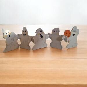 Vintage handpainted wood ghost Halloween decorations interlocking 5 piece set